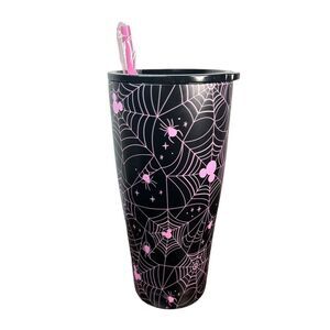 Disney Halloween Black and Pink Mickey Mouse Spiderwebs Tumbler Drink Cup